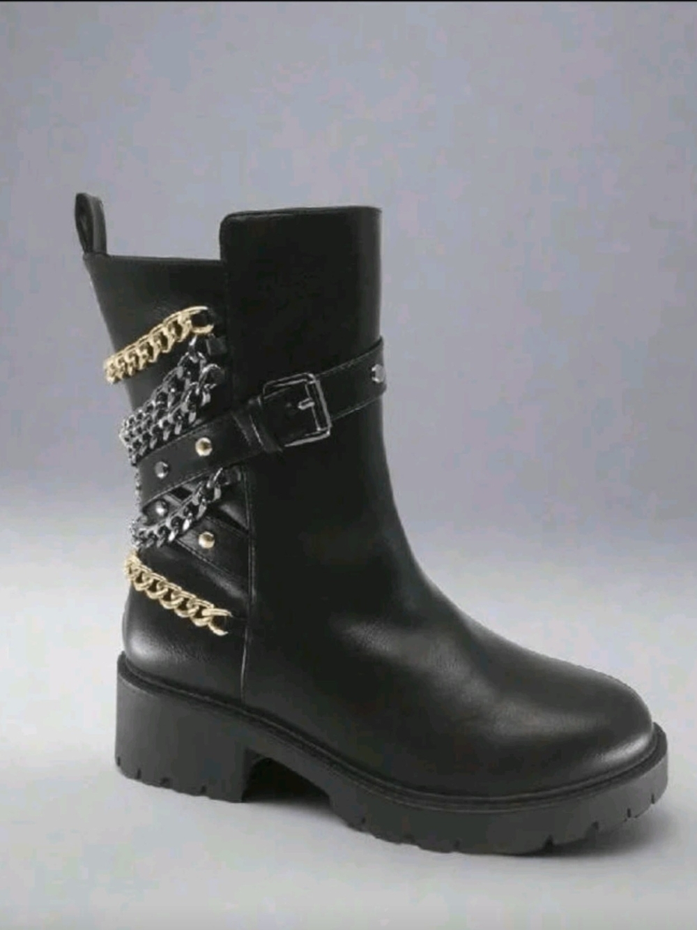 Women's Black Chain-Accented Ankle Boots - Fashion Buckle Detail